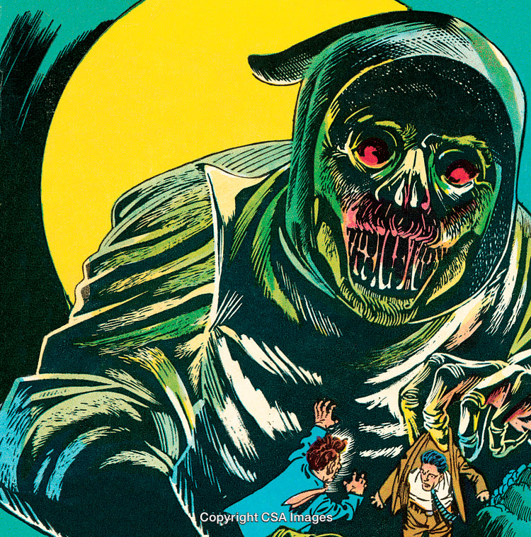 Vintage Comic Illustration with Hooded Skeleton and Frightened Characters