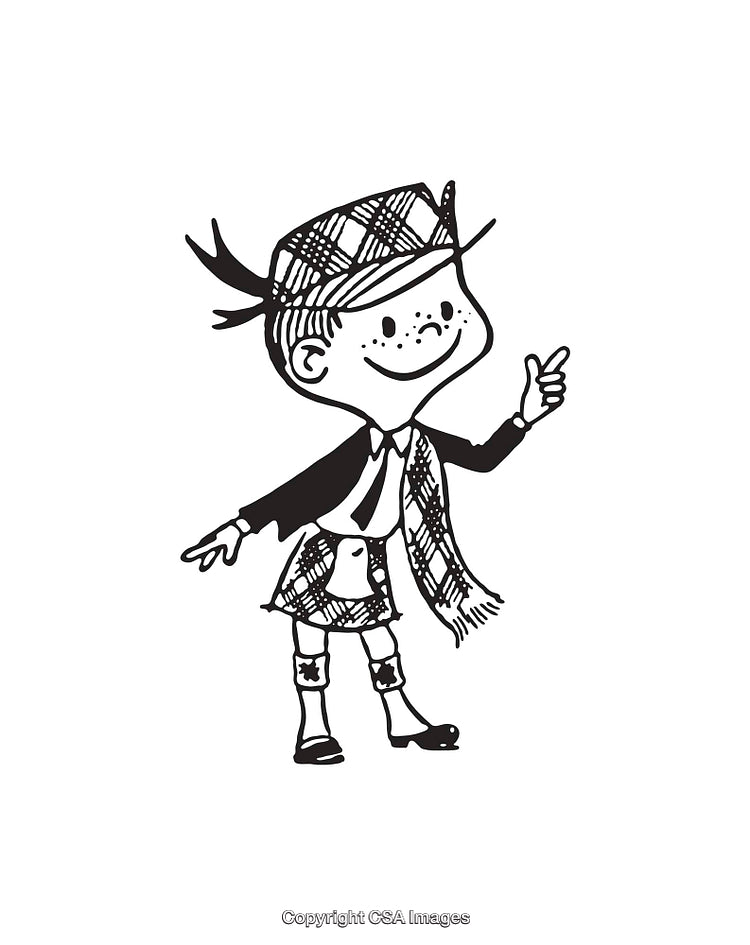 Playful Child in Scottish Attire Black and White Illustration