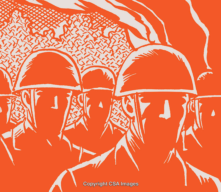 Illustration of Soldiers in Formation with Orange Background Symbolizing Unity