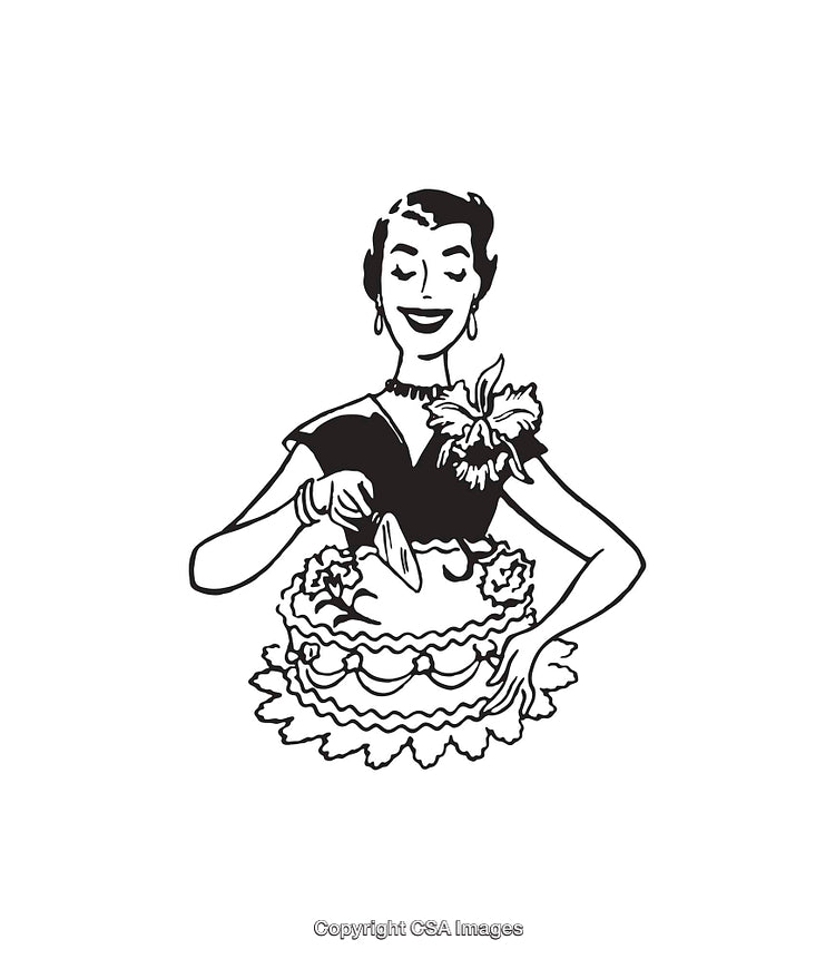 Vintage Illustration of a Woman Cutting a Decorative Cake with Elegance