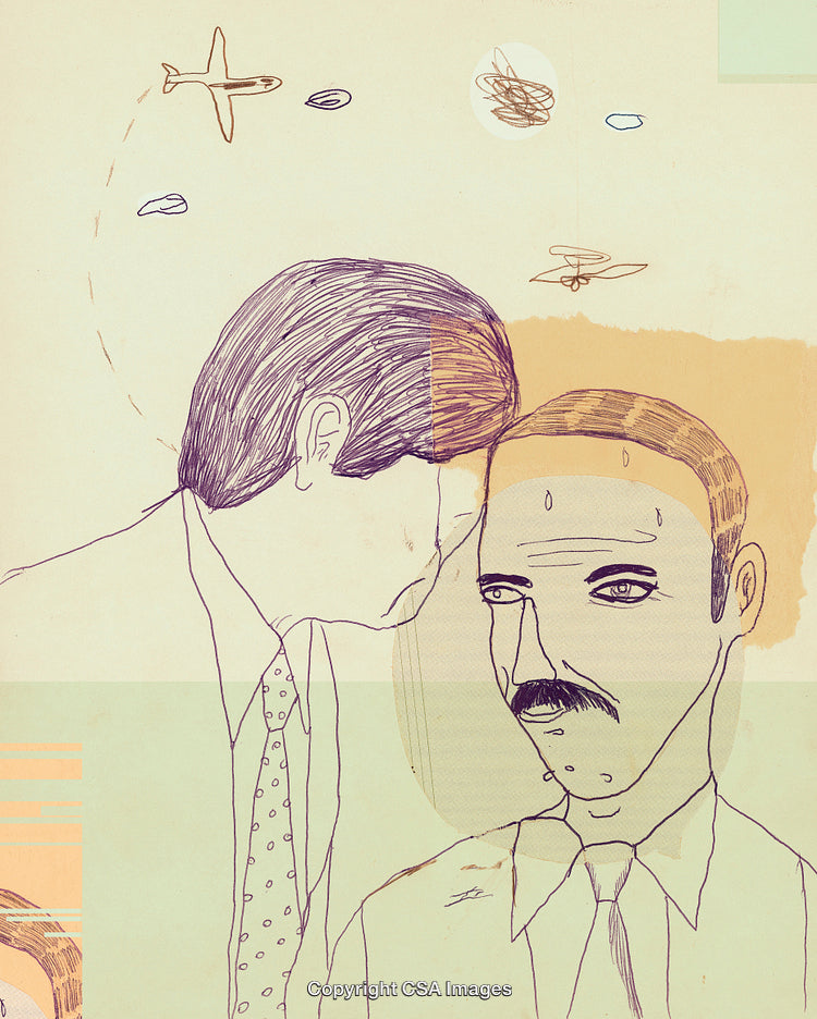 Abstract Hand-Drawn Illustration of Two Individuals With Planes Overhead