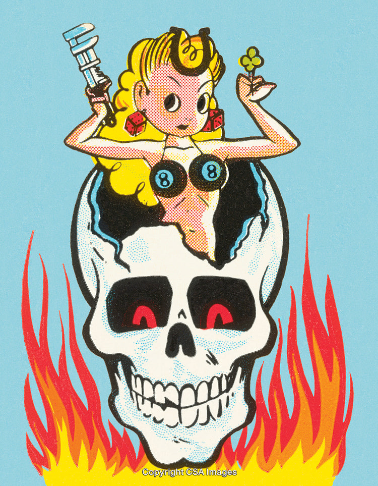Whimsical Illustration of Pop-Art Style Skull and Surreal Female Figure