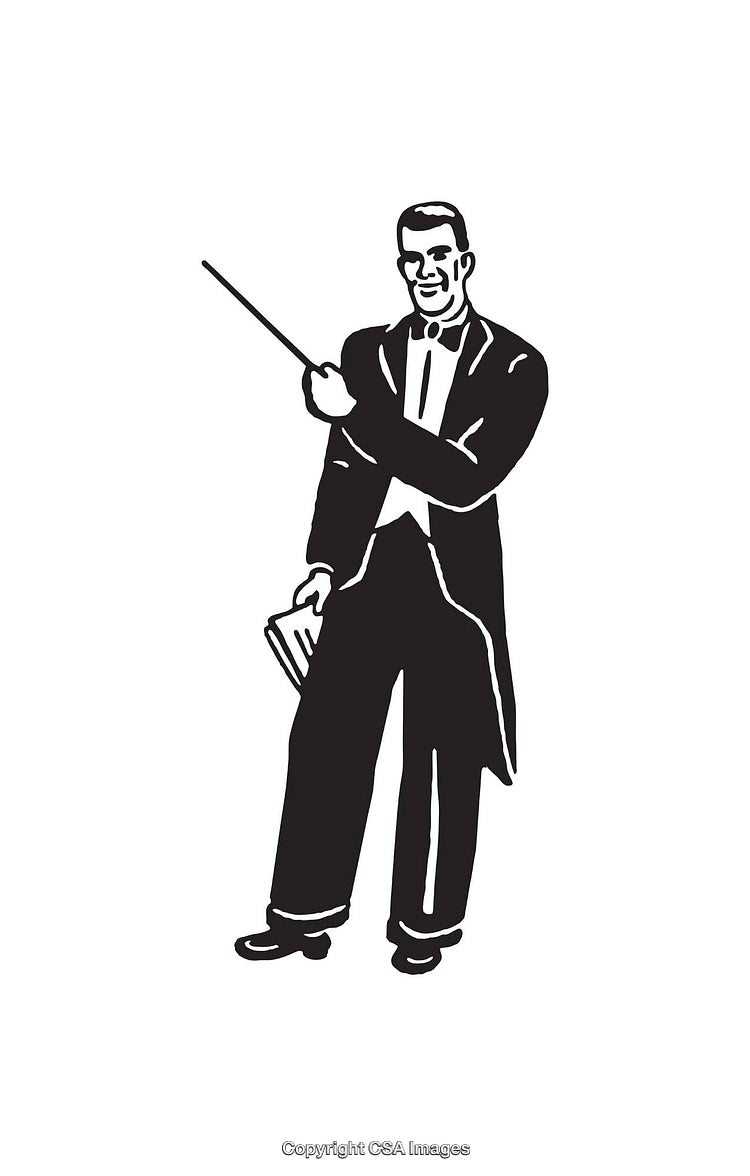 Black and White Line Art Illustration of a Conductor with Baton
