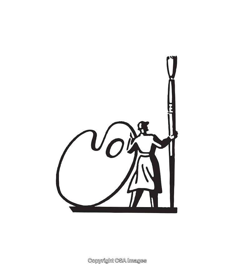 Black and White Line Art of Artist with Paintbrush and Palette