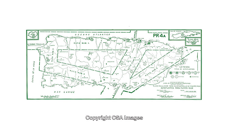 Vintage Diagram Map Highlighting Airports in Puerto Rico