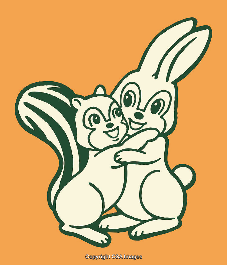 Cute Bunny and Squirrel Embracing in Whimsical Line Art Illustration
