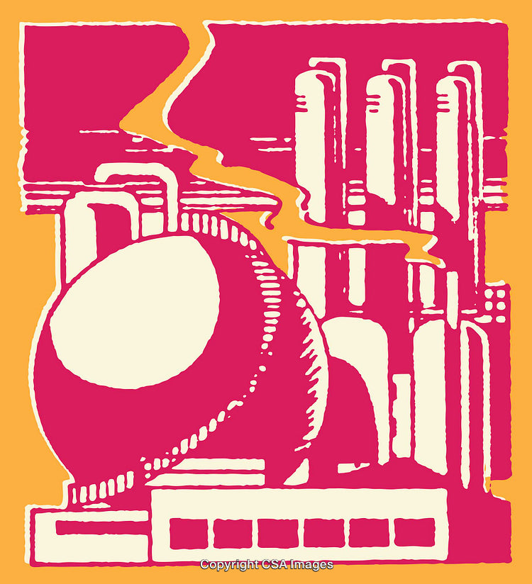 Vibrant Line Art Illustration of Industrial Factory with Tanks and Pipes