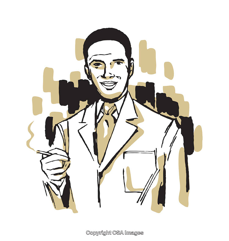 Stylized Illustration of a Smiling Man in Formal Attire Holding a Cigarette