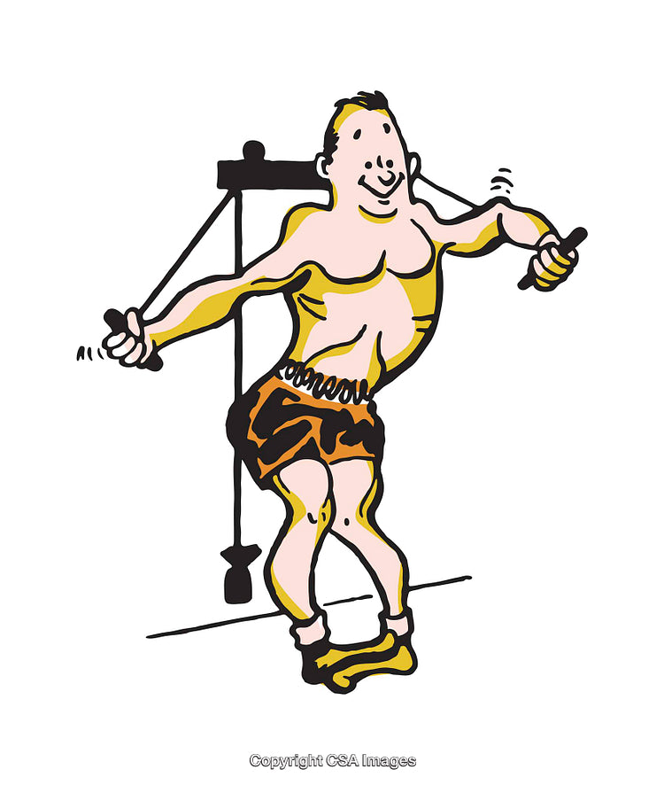 Illustration of a Cartoon Man Exercising on Gym Equipment