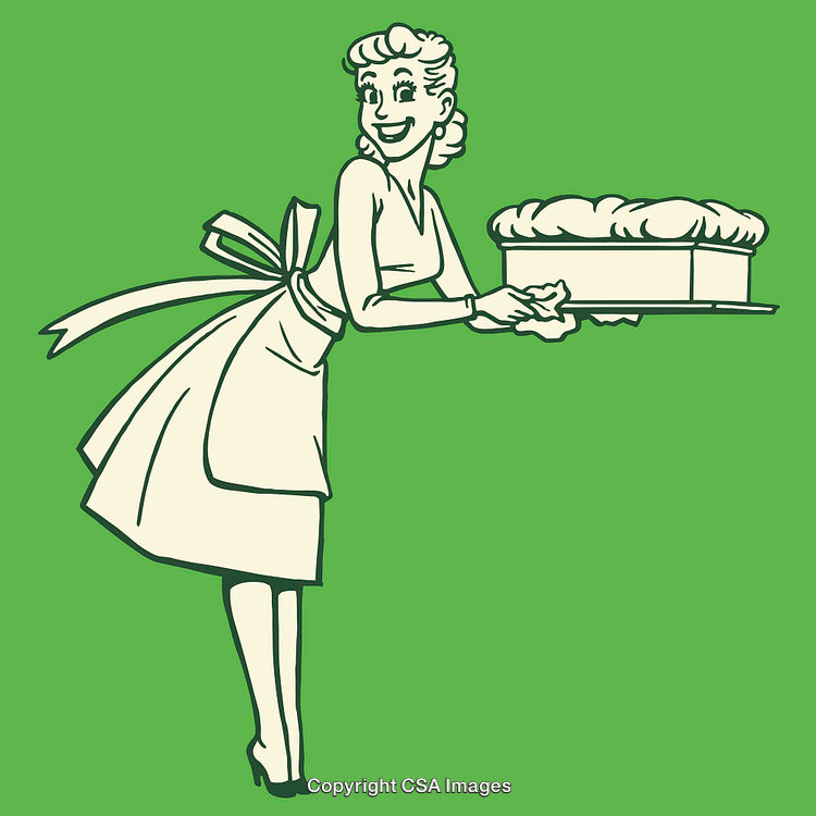 Retro Woman Holding Freshly Baked Pie on Green Background