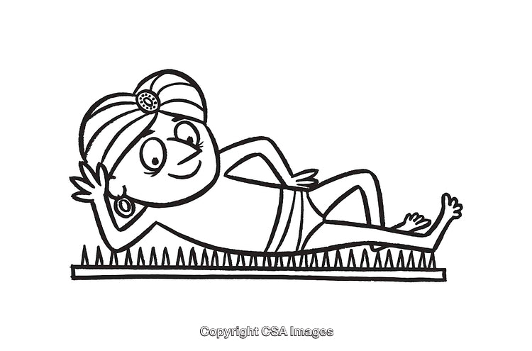 Cartoon Illustration of a Fakir Relaxing on a Bed of Nails
