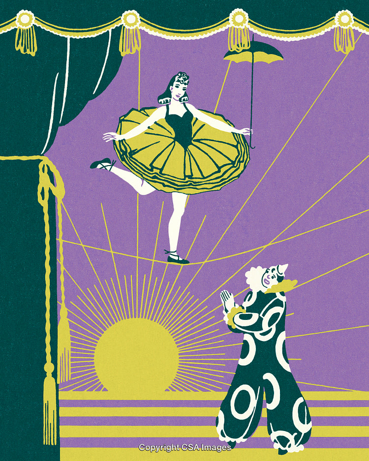 Colorful Circus Scene Featuring Tightrope Dancer and Cheerful Clown Illustration