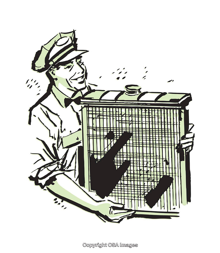 Retro Illustration of Smiling Man Holding a Radiator or Metal Grate