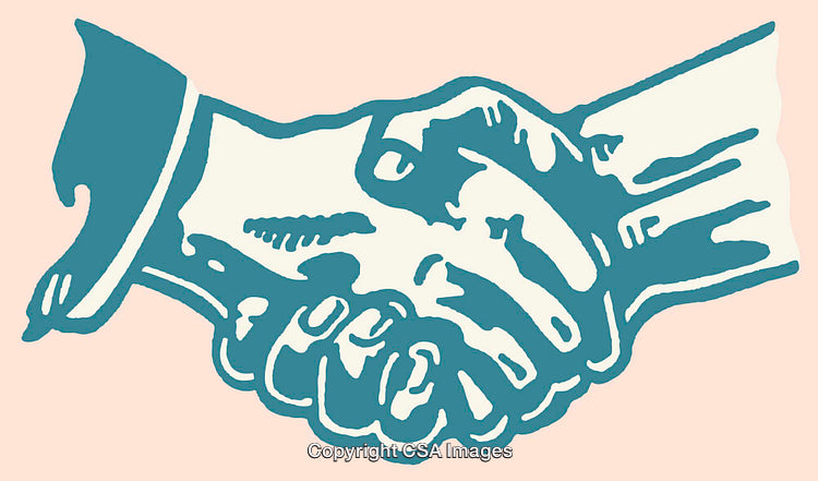 Vintage Style Handshake Line Art Illustration with Bold Blue and Pink Colors