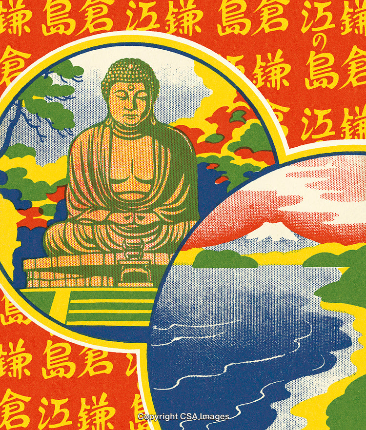 Vibrant Buddhist Statue Artwork with Scenic Landscapes and Japanese Calligraphy