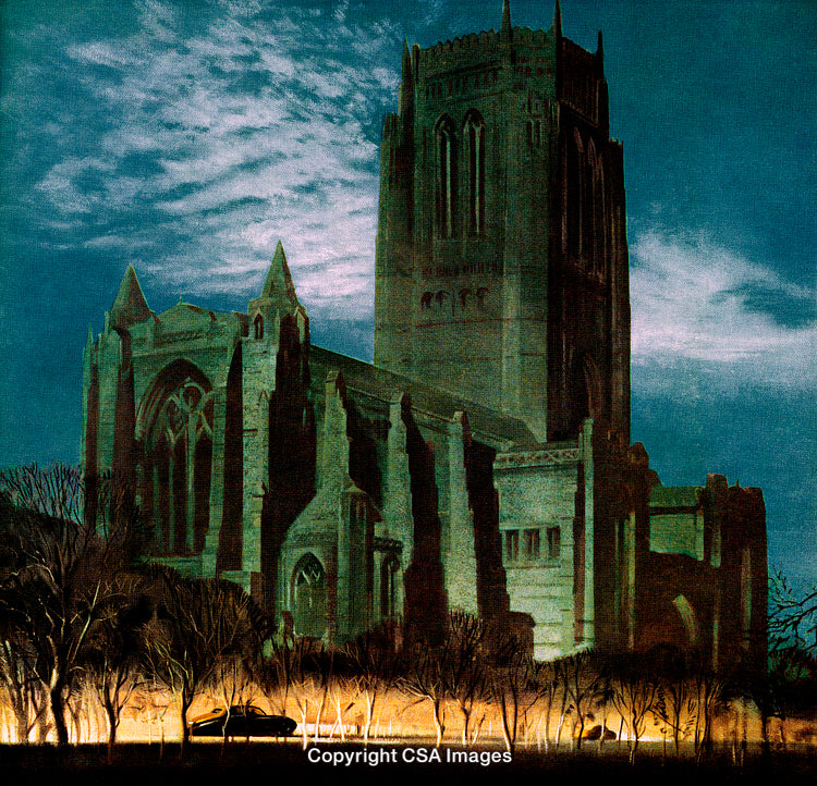 Gothic Cathedral at Night with Illuminated Archway and Dramatic Sky