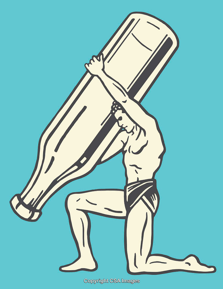 Illustration of a Strongman Lifting a Giant Bottle on a Blue Background