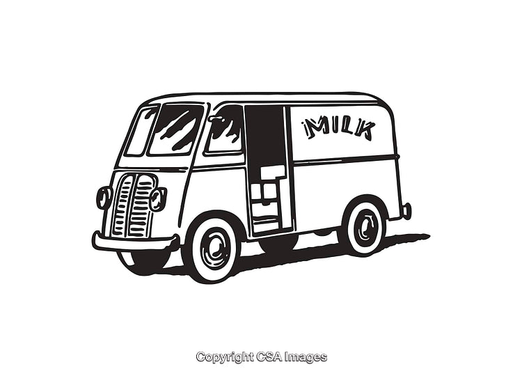 Vintage Milk Delivery Truck Illustration in Black and White Line Art Style