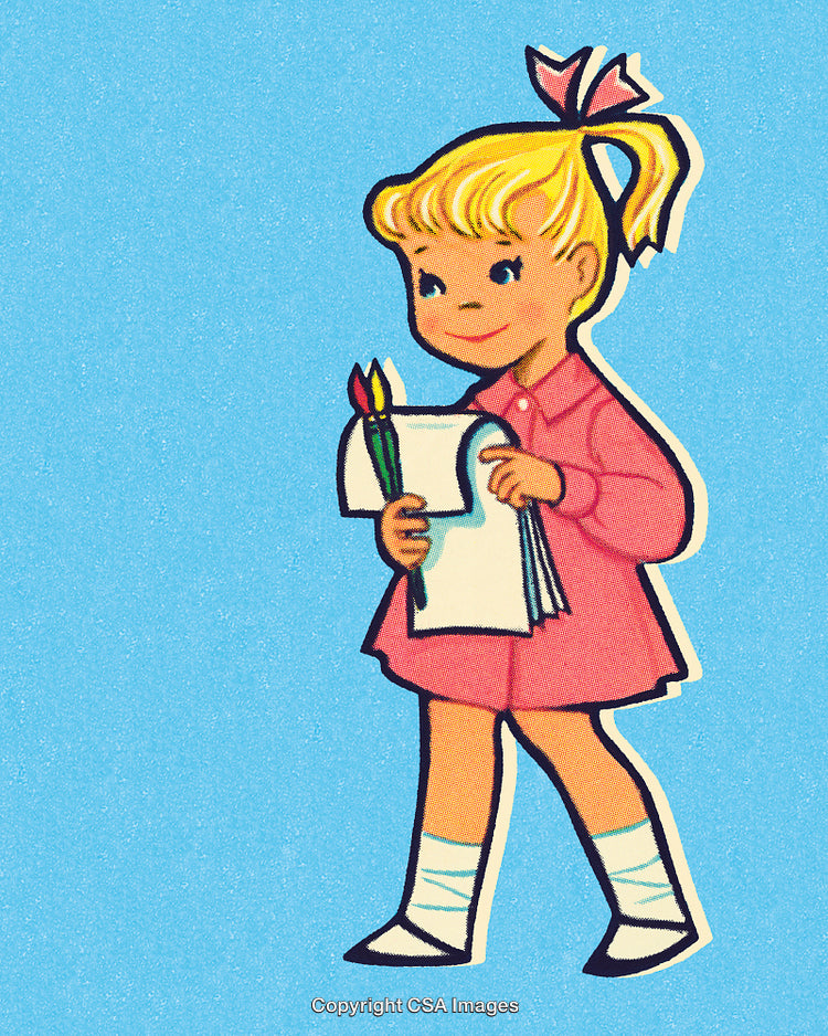 Smiling Child Holding Flowers and Paper in Simple Retro Illustration Style
