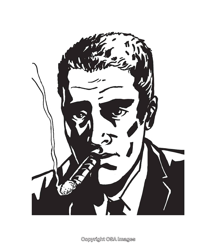 Vintage Line Art Illustration of a Man Smoking a Cigar