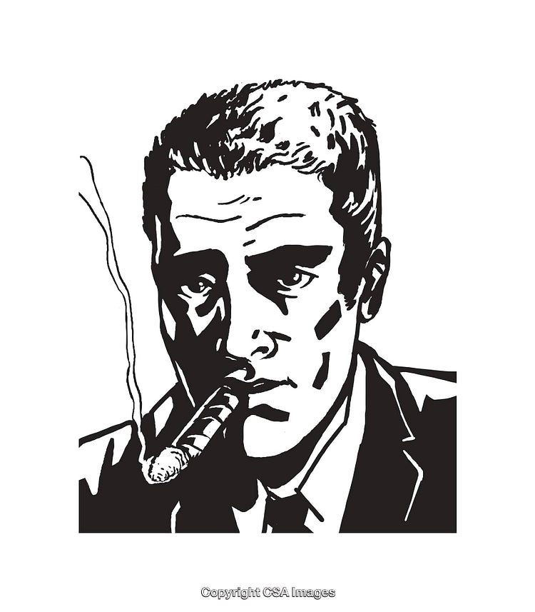 Vintage Line Art Illustration of a Man Smoking a Cigar