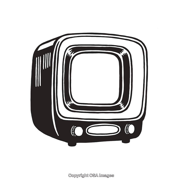 Retro Television Illustration in Black and White Monochrome Line Art Style