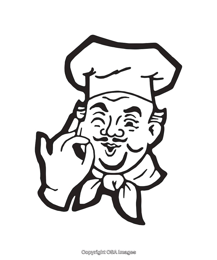 Black and White Line Art of a Chef With Okay Hand Gesture