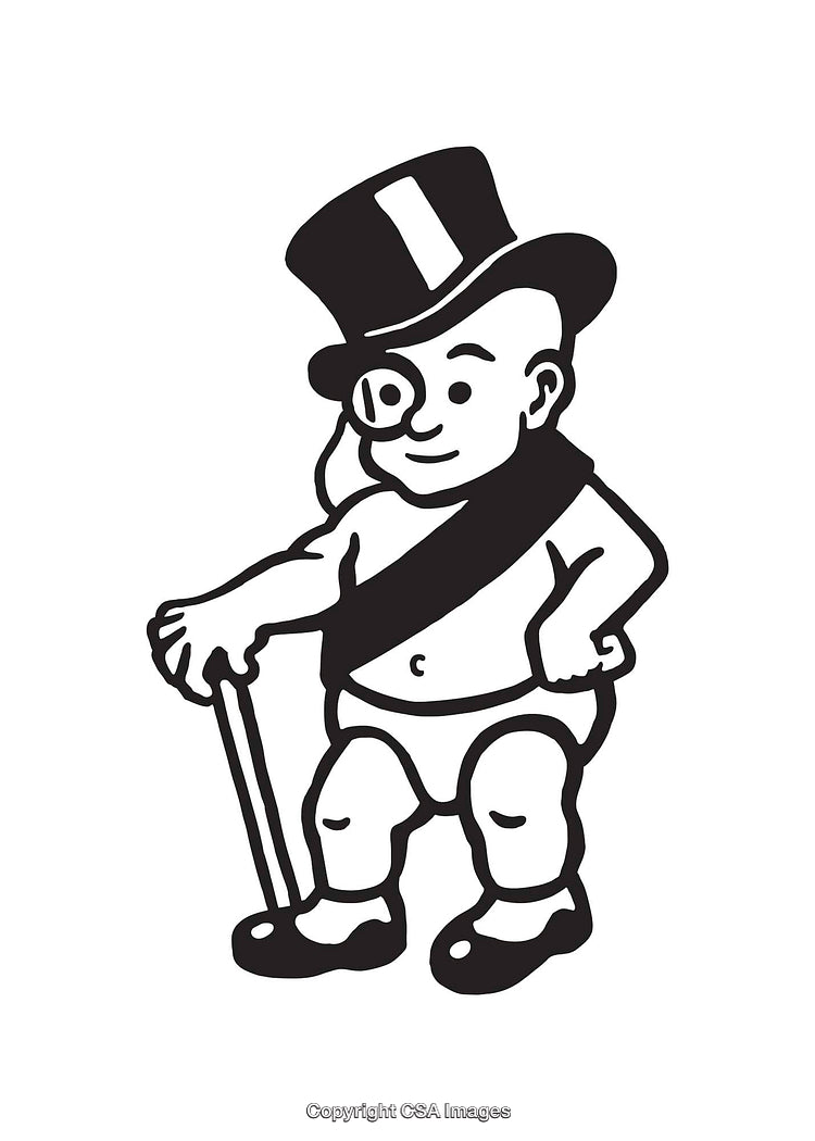 Vintage Black and White Cartoon of a Character With Cane and Top Hat