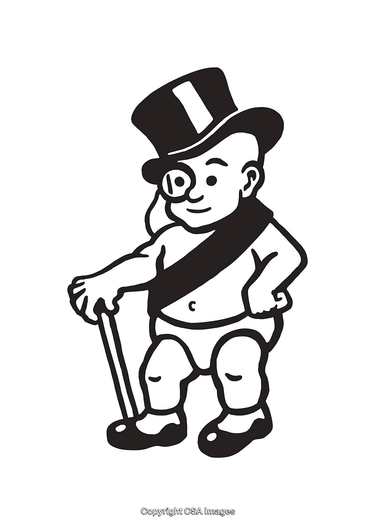 Vintage Black and White Cartoon of a Character With Cane and Top Hat