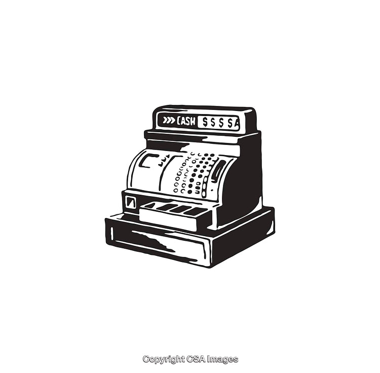 Classic Black and White Illustration of a Vintage Cash Register