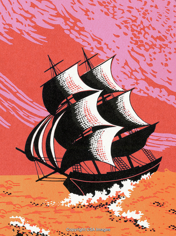 Vintage Artwork of a Sailing Ship Against a Vibrant Sky and Ocean Waves