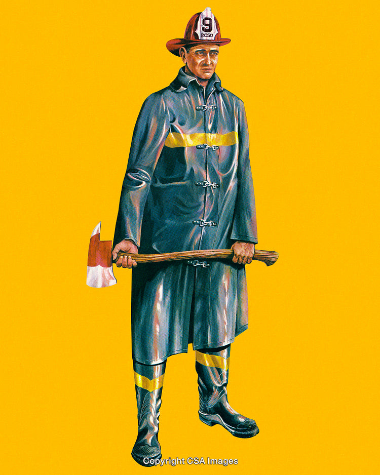 Portrait of a Firefighter Holding an Axe on a Yellow Background