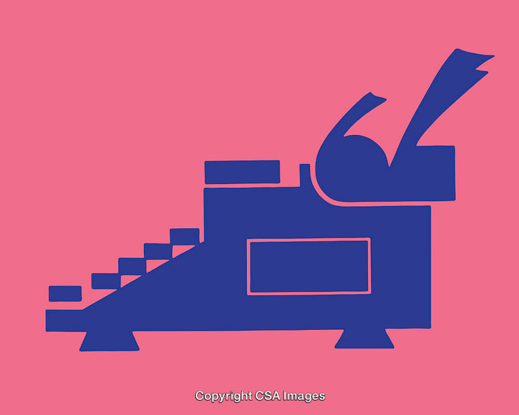 Retro-Inspired Blue Typewriter on Vibrant Pink Background Illustration