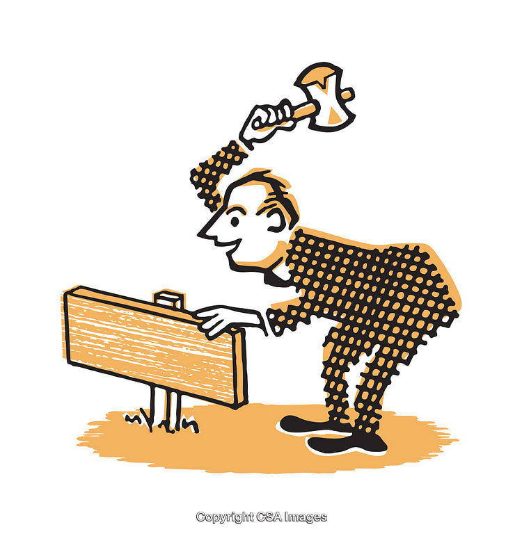 Cartoon Illustration of a Man Hammering a Sign into the Ground