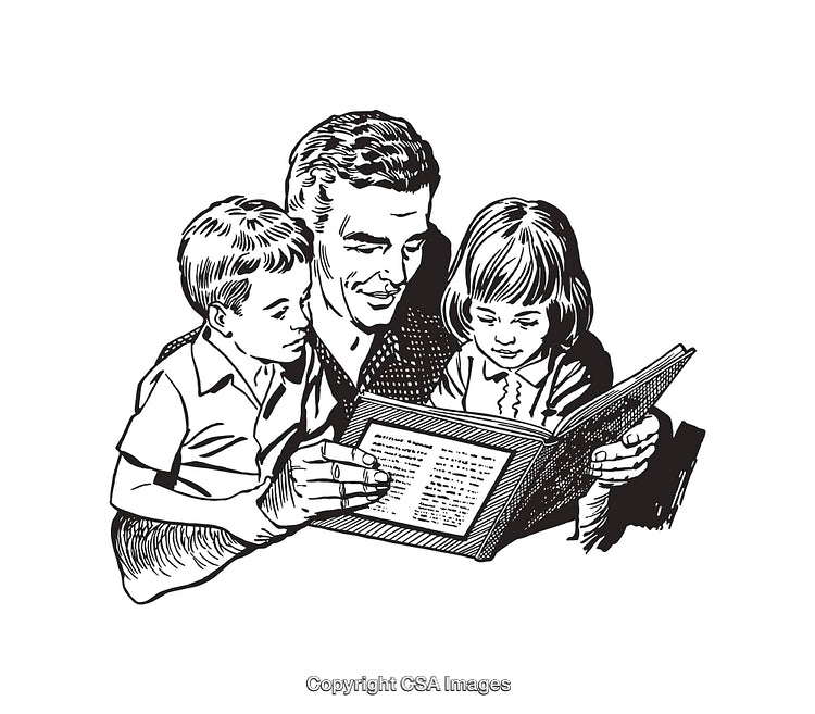 Black and White Illustration of a Father Reading With Two Children