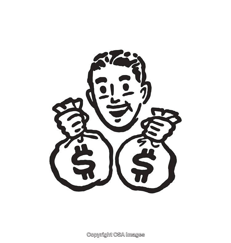 Vintage Line Art Illustration of Happy Man Holding Money Bags
