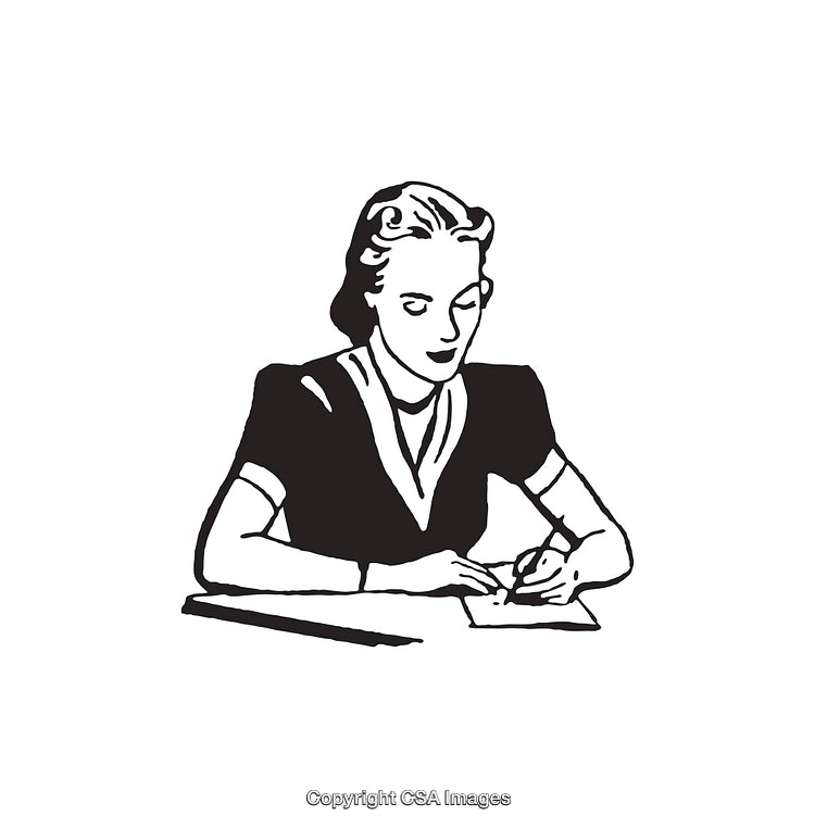 Vintage Black and White Illustration of a Woman Writing