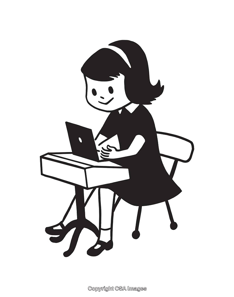 Black-And-White Illustration of Girl Using Laptop at Desk