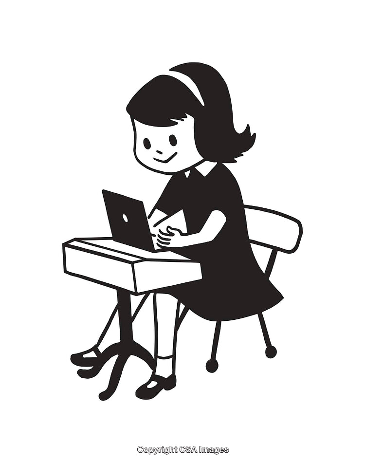 Black-And-White Illustration of Girl Using Laptop at Desk