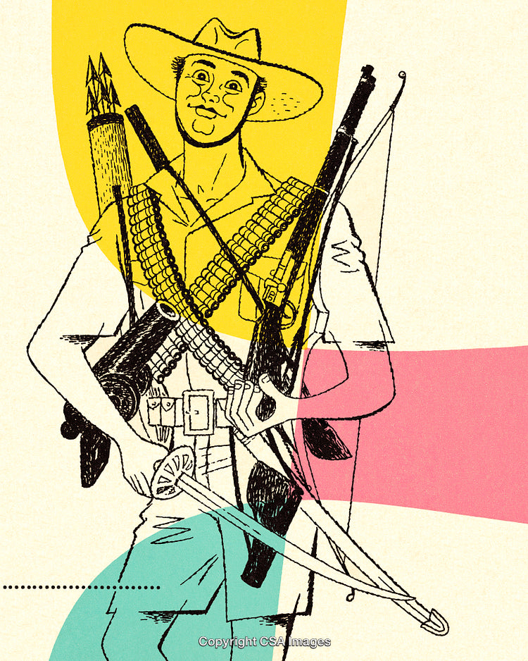 Illustration of Cartoon Adventurer in Hat With Diverse Weapons Amid Vibrant Colors