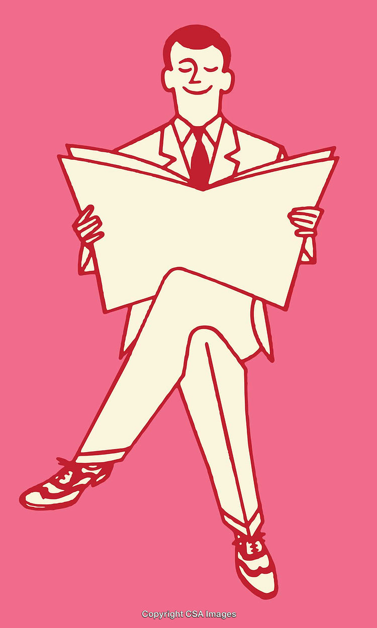 Illustration of a Cheerful Man Reading a Newspaper in Modern Line Art