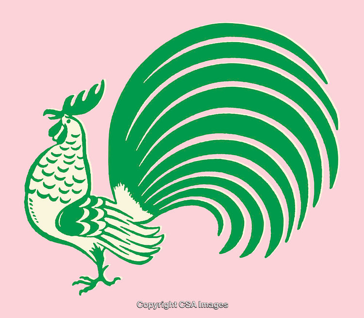 Green Stylized Rooster Illustration on a Soft Pink Background