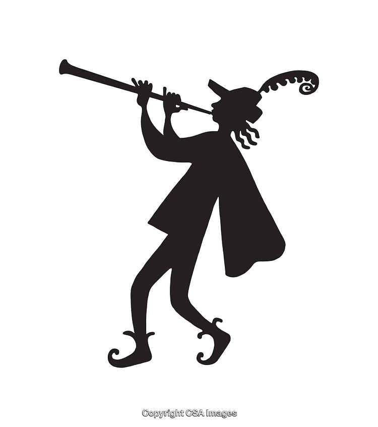 Black and White Silhouette of a Piper Musician in Traditional Clothing