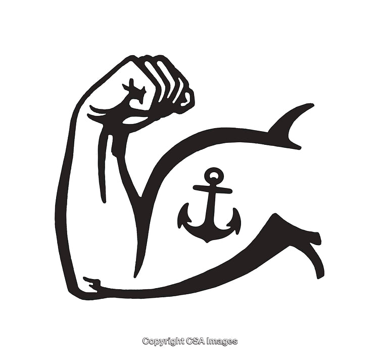 Black and White Arm Flexing with Anchor Tattoo Artwork