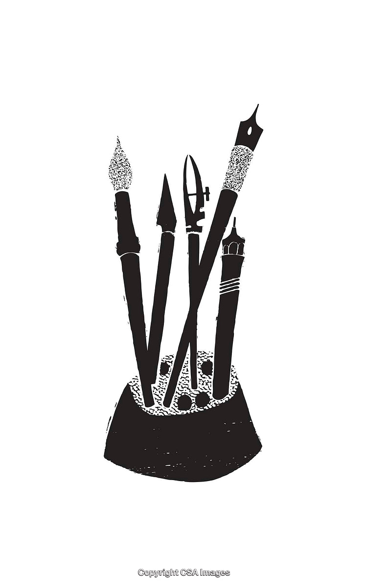 Black and White Illustration of Art Tools in a Holder