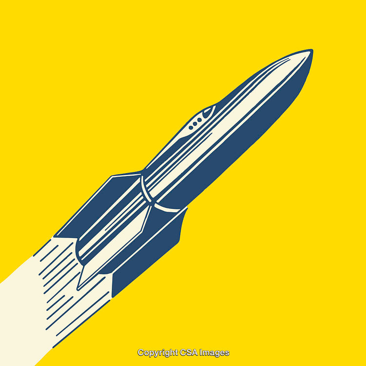 Retro Rocketship Illustration on Bold Yellow Background Suggesting Innovation and Adventure
