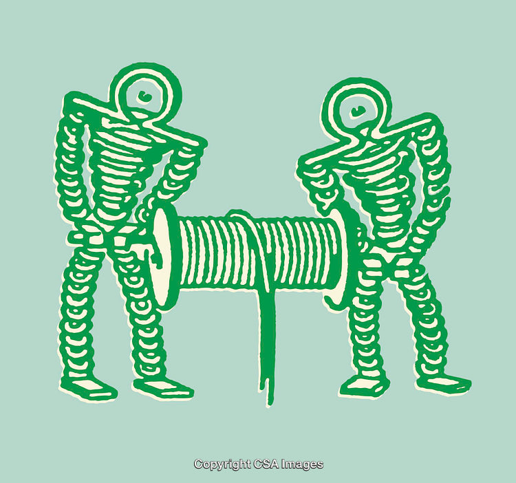 Abstract Line Art Illustration of Two Skeleton Figures with a Large Spool