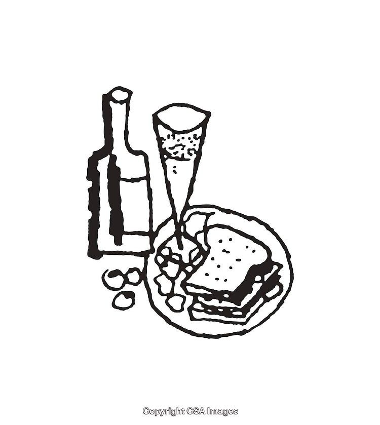 Illustration of a Food and Beverage Arrangement in Black and White Line Art