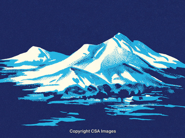 Scenic Illustration of Snow-Covered Mountains Against a Deep Blue Sky