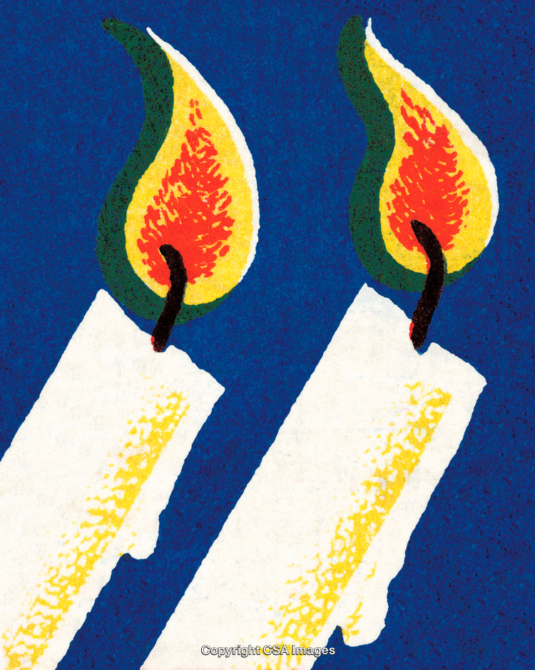 Two Flickering Candles with Bright Flames on Deep Blue Background